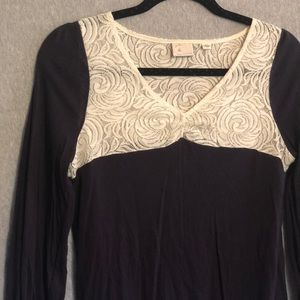 Anthropologie navy and white lace knit shirt